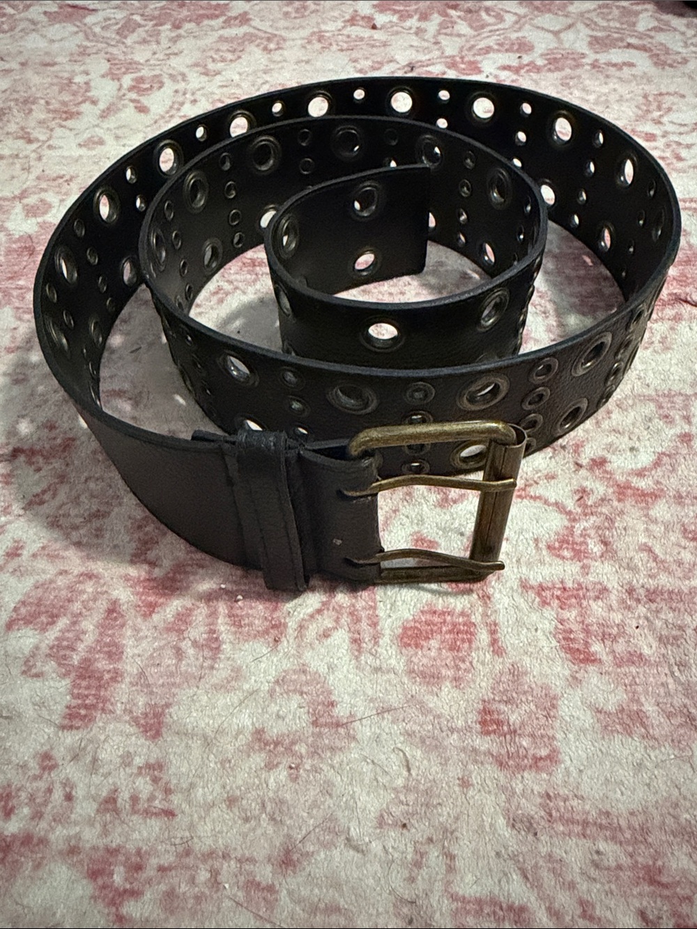 Black Grommet Leather Belt with Brass Buckle - Men - Picture 2 of 4